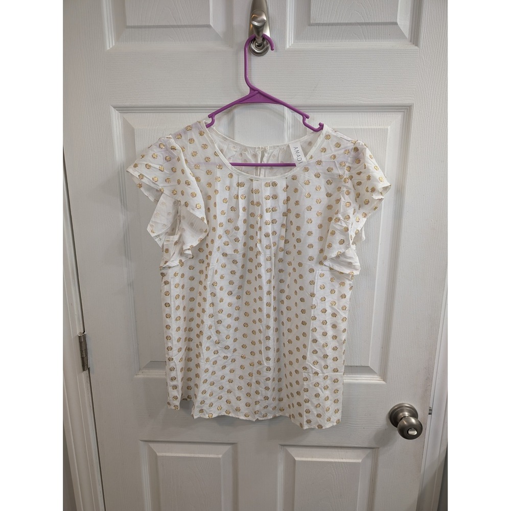 Anthropologie Amadi Blouse White Gold Metallic Polka Dot Flutter Sleeve - Size S